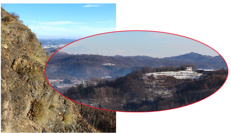 Fotocomposizione con parte di vulcanite e, sullo sfondo, la località Sella di Piane Sesia.